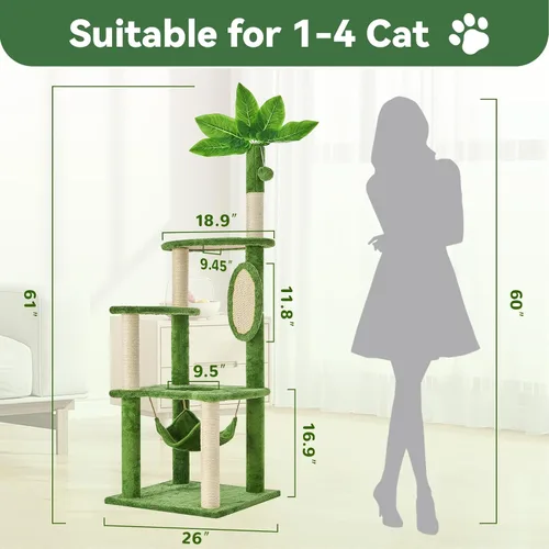 Miniatura 2 de Árbol para gatos de 61 pulgadas con hojas verdes, torre grande de varios niveles con hamaca, casa de felpa para gatos con juguete de bola colgante