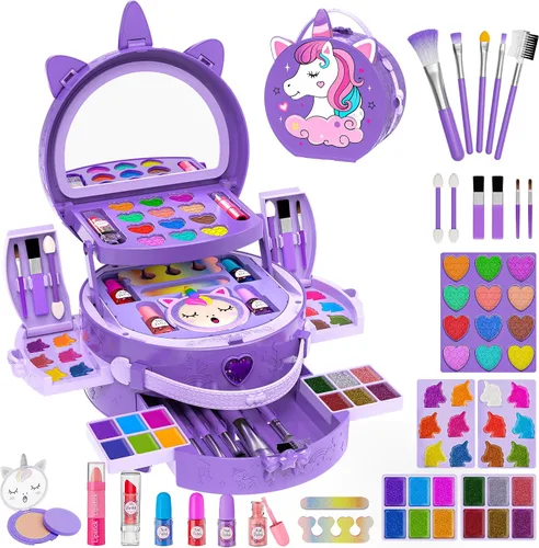 Kit de maquillaje infantil de 59 piezas para niñas, juego de maquillaje lavable real con espejo, juego de princesa para juegos de simulación, regalo