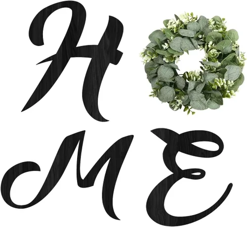 Miniatura 15 de Cartel colgante de madera con letras en inglés «HOME» (Hogar) con corona de eucalipto artificial para la letra «O», decoración de pared estilo Negro