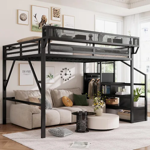 Miniatura 10 de Mirightone - Cama alta tamaño individual con escaleras y almacenamiento, base de cama de metal, estante de noche y gran espacio debajo, resistentes