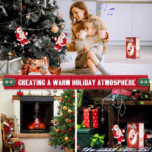 Miniatura 7 de Gfilay Papá Noel escalador con música, adorno colgante de árbol de Navidad, novedad de Papá Noel escalador en cuerda, decoración navideña, gran