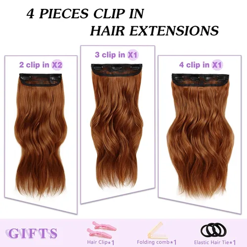 Miniatura 2 de NAYOO 4 piezas Extensiones de cabello con pinza, ondas largas y rizadas, sintéticas, gruesas, con fibra de doble trama, para mujeres, color cobre
