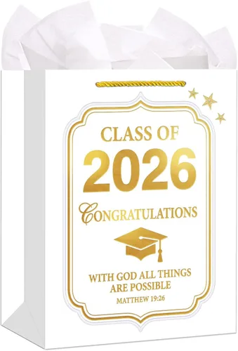 Miniatura 10 de FLYAB Class of 2026 - Bolsas de regalo de graduación – Bolsa grande de felicitación de 13 pulgadas con asa de papel de seda para graduados