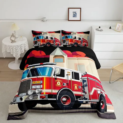 Erosebridal Juego de ropa de cama de camión de bomberos para niños, juego de edredón de vehículo de rescate contra incendios de dibujos animados,