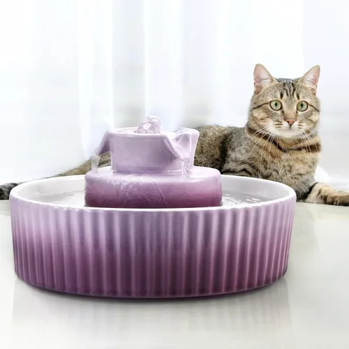 Miniatura 8 de Fuente de agua de cerámica para gatos, 2.1L/71 onzas, fuente para cupcakes para gatos y perros en interiores, 2 bombas ultra silenciosas (morado)