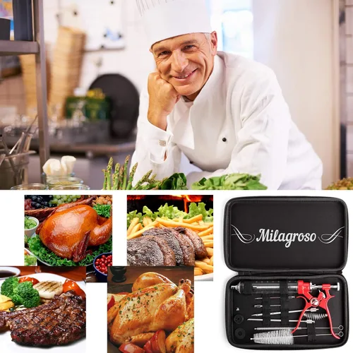 Miniatura 3 de Inyector de Carne Pistola de Marinado de Acero Inoxidable Kit Exterior Jeringas de Alimentos con Sabor y 4 Agujas de Marinados para Parrilla BBQ Rojo
