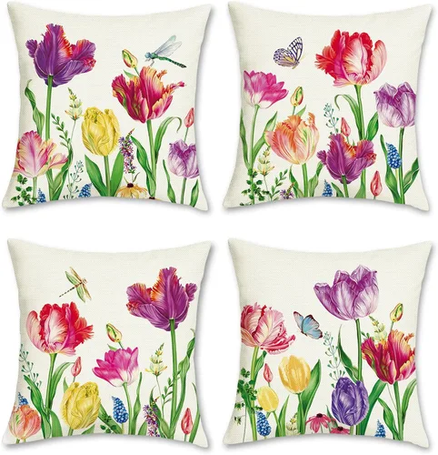 Bonhause Juego de 4 fundas decorativas para cojín de 18 x 18 pulgadas con diseño de tulipanes y flores de jardín para exteriores, para patio, sofá,