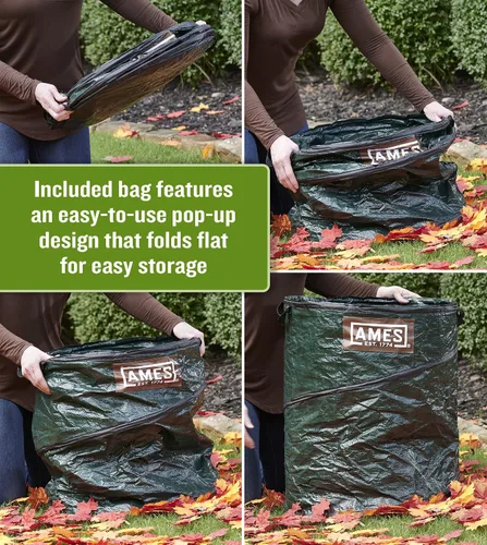 Miniatura 6 de AMES Juego de rastrillo de mano de palas de hojas con bolsa de basura plegable para jardín para recoger hojas, mantillo y escombros