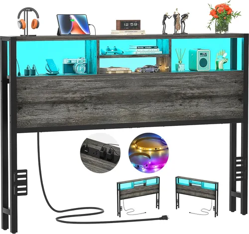 Miniatura 25 de Cabecero Aheaplus para Cama Individual con Almacenamiento, Cabeceros con Enchufes, Puertos USB y Luz LED, Cabecero Individual Solo, Altura