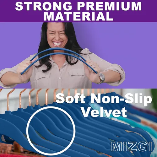 Miniatura 2 de MIZGI Perchas de Terciopelo Premium (Paquete de 50) Resistentes - Perchas de Fieltro Antideslizantes - Percha de Traje de Terciopelo Azul Azul
