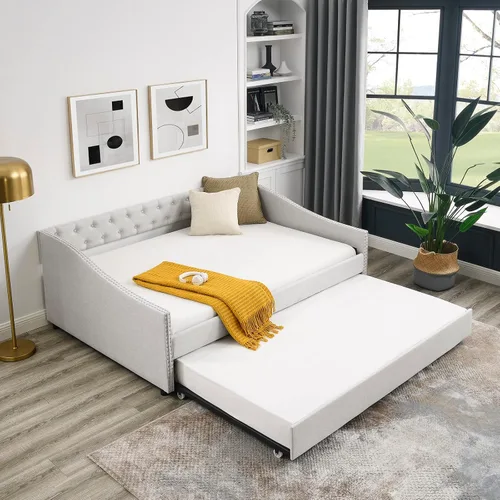 Miniatura 6 de Sofá cama matrimonial con nido, marco de cama moderno de madera con botón copetudo y cabeza de clavos, sofá cama tapizado con nido extraíble