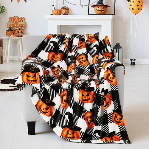Miniatura 5 de Touchat Manta de Halloween, manta de forro polar, manta a cuadros de búfalo para sofá, cama, suave, cálida, acogedora, manta de felpa a cuadros