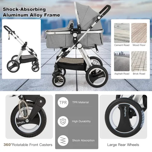 Miniatura 5 de BABY JOY Cochecito de bebé, cochecito reclinable convertible 2 en 1, cochecito plegable con arnés de 5 puntos, incluye soporte para tazas, funda Gris