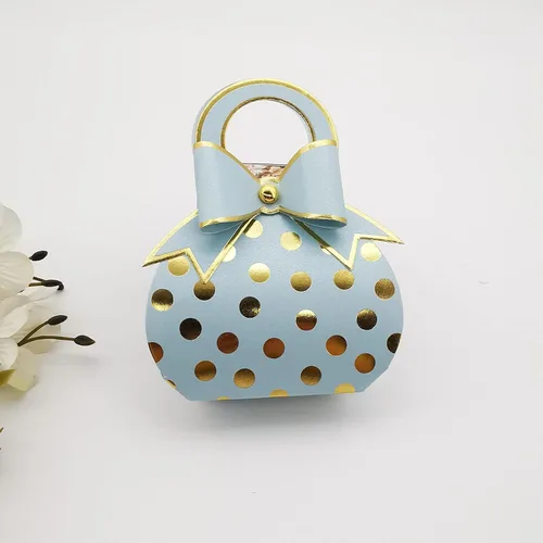Miniatura 4 de 50 bolsas de mano con lazo rojo y dorado con lunares de papel de aluminio dorado, cajas de dulces con lazo con asa para boda, cumpleaños, despedida