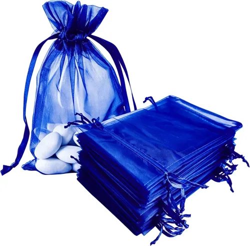 Bolsas de regalo de organza, 100 piezas con cordón de 4 x 6 pulgadas, color azul real para baby shower, cumpleaños de niña, recuerdos de fiesta,