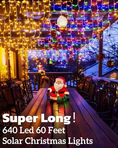 Miniatura 2 de Luces solares de Navidad para exteriores, 640 LED, 16 pies + 60 pies, luces solares de carámbano que cambian de color, impermeables, con 13 modos