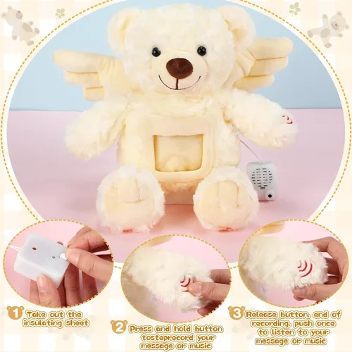 Miniatura 4 de Leyndo Oso de recuerdo de ángel de 12 pulgadas con grabador, juguete de peluche suave con un marco de fotos para baby shower, fiesta de cumpleaños