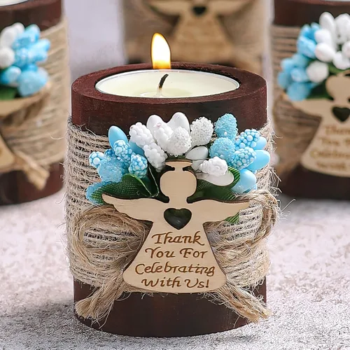 Miniatura 2 de Ju's Favors Juego de 10 portavelas de madera para recuerdos de bautismo para invitados, recuerdos de fiesta de baby shower (marrón oscuro - azul)