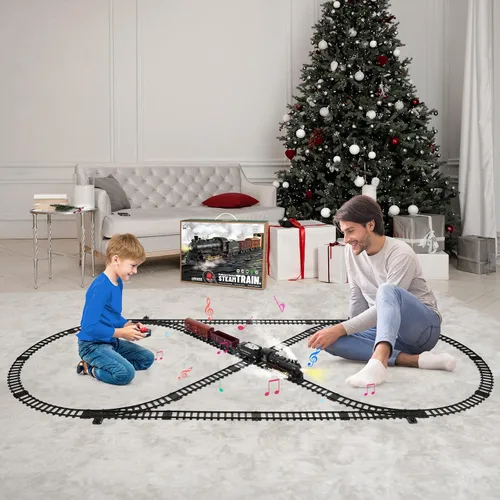Miniatura 6 de Juego de tren con control remoto, pista de tren eléctrico alrededor del árbol de Navidad con vehículo de carga, luz y sonidos, locomotora de vapor