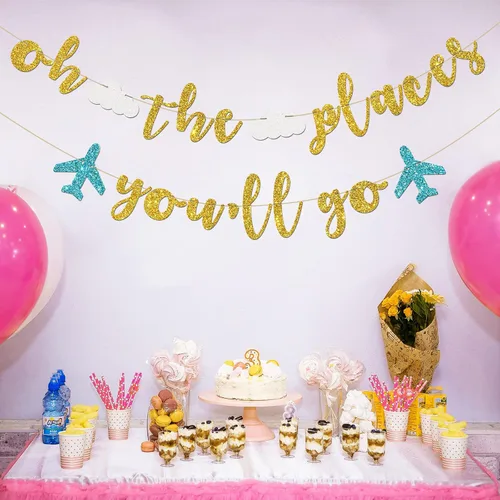Miniatura 3 de INNORU Cartel de Oh The Places You Go - Decoración de banderines para fiesta de despedida temática de viaje, Bon Voyage, cumpleaños, aniversario