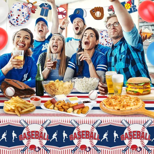 Miniatura 6 de Miucat Mantel de béisbol de 3 piezas, mantel de mesa y decoración de fiesta, mantel de plástico desechable, rectangular para juegos de béisbol