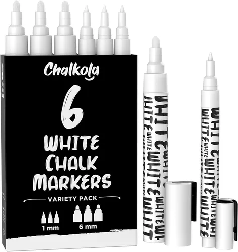 Miniatura 13 de Chalkola Marcadores de tiza blanca (paquete de 6) – Bolígrafos de tiza líquida de borrado en seco blanco para pizarra, pizarra, ventana, bistró, 6