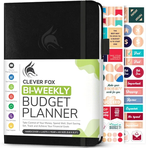 Clever Fox Planificador de presupuesto bi semanal - Libro organizador financiero sin fecha - Rastreador de gastos, cuaderno de presupuestos y Negro