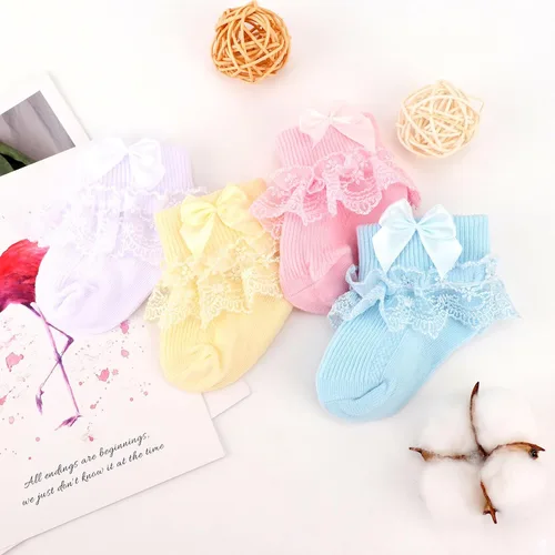 Miniatura 7 de BQUBO - Calcetines de encaje con ojales y volantes, calcetines de encaje para recién nacidobebéniños pequeñosniños pequeños con volantes de verano