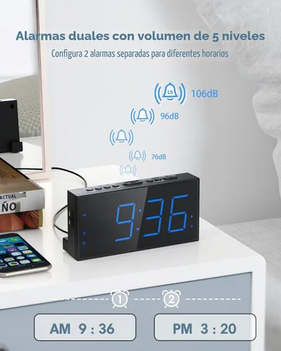 Miniatura 3 de Reloj despertador súper fuerte con agitador de cama, reloj despertador vibratorio para personas que duermen con problemas auditivos y adolescentes