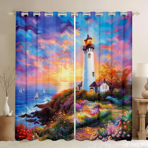 Miniatura 17 de Erosebridal Nautical Lighthouse Blackout Curtains 30-50% Navigation Theme Curtains for Women Men Watercolor Seascape Window Treatments Coastal Night