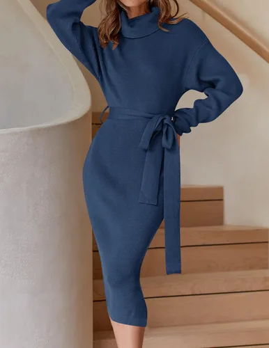 Miniatura 10 de ZESICA - Vestido por debajo de la rodilla de suéter, de cuello alto, para mujer, de manga larga, de punto acanalado, con abertura y cinturón