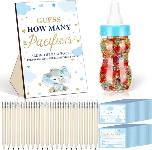 Miniatura 9 de Syhood Greenery Baby Shower Games Guess How Many Pacifiers Sage Game Signal, 50 pequeños juegos de adivinanzas, 20 lápices HB, botella de leche