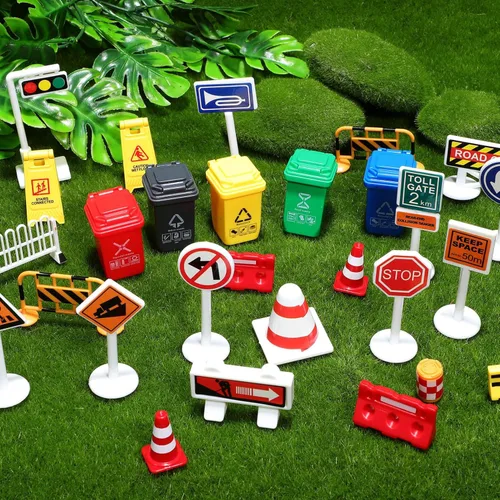 Miniatura 3 de Juego de 105 mini señales de tráfico de tráfico, mini conos de tráfico, juguetes de construcción, cubo de basura en miniatura, luz de cruce