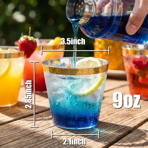 Miniatura 4 de I00000 Paquete de 200 vasos de plástico dorados, elegantes vasos de plástico transparente de 9 onzas, copas de vino desechables con borde dorado