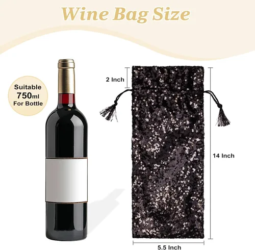 Miniatura 6 de SquarePie Bolsa de regalo de vino de lentejuelas negras, 4 piezas con cordones de 5.5 x 14 pulgadas, fundas de botellas con purpurina para Navidad