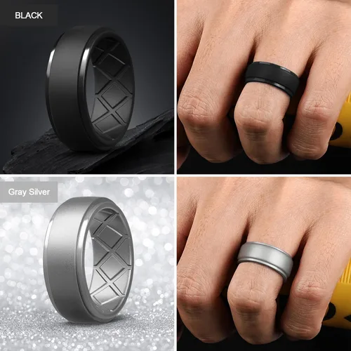 Miniatura 50 de Egnaro - Anillos de silicona para hombre, 25/64 pulgadas (10 mm) de ancho y 3/32 pulgadas (2.5 mm) de grosor, alianzas de boda de goma, paquete