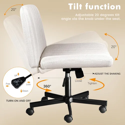 Miniatura 8 de LEMBERI Criss Corss - Silla con ruedas, sin brazos, de patas cruzadas anchas, silla de escritorio de oficina, mecedora de tela, giratoria
