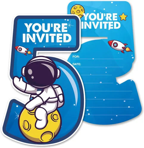 Miniatura 9 de Outer Space - Invitaciones para fiesta de 8º cumpleaños con sobres, juego de 20 tarjetas de invitaciones con forma de astronauta de ocho formas