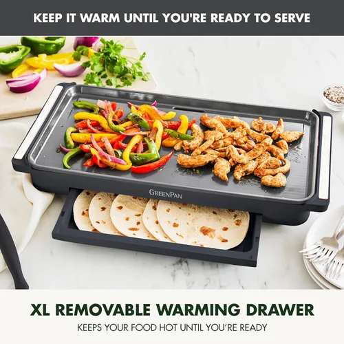 Miniatura 6 de GreenPan Plancha Eléctrica Avanzada de 10.5" x 20" con Cajón Calentador, Revestimiento Antiadherente de Cerámica Saludable Libre de PFAS, Control