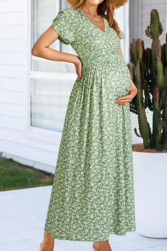 Miniatura 3 de OUGES Vestido largo de maternidad con cuello en V, para baby shower, para sesión de fotos