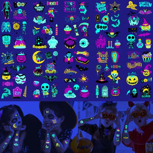 10 hojas de tatuajes temporales de neón de Halloween que brillan bajo los rayos UV, más de 95 estilos, impermeables, para fiestas de niños, niños y