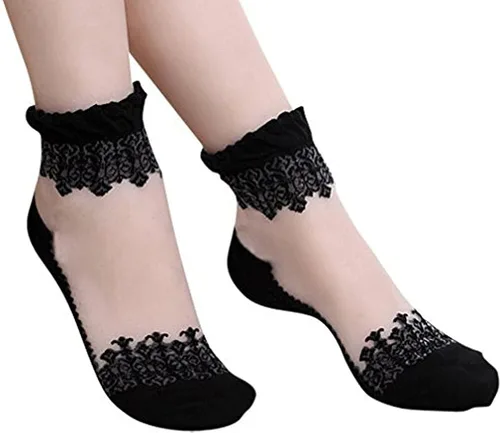 Miniatura 6 de Lovful 3 pares de calcetines cortos ultrafinos transparentes de encaje elástico para mujer