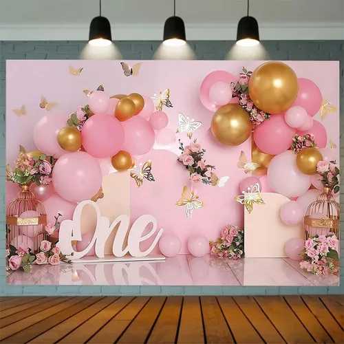 Miniatura 3 de Telón de fondo de 1er cumpleaños para niña, globos rosados, mariposa dorada, dulce para niños, decoración de fiesta de cumpleaños, fotografía
