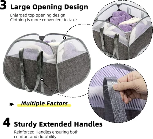 Miniatura 4 de Cesta de Ropa Plegable, Cesto de Ropa Sucia Plegable Emergente de 90L con Asas Reforzadas, Cesto de Ropa Sucia de Malla a Prueba de Desgarros