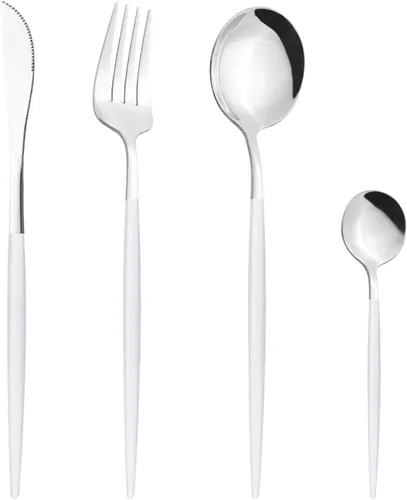 Miniatura 20 de Juego de cubiertos Cuchillo de cena Postre Tenedor Cuchara Juego de vajilla de acero inoxidable Vajilla de cocina 4 piezas Negro