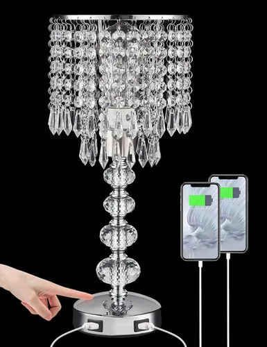 Miniatura 9 de Lámpara de mesa de cristal con control táctil, regulable de 3 vías, lámpara pequeña para mesita de noche con 2 puertos de carga USB, lámpara de mesa