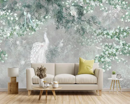 Miniatura 2 de Papel pintado de hojas verdes botánicas de pavo real de tela para sala de estar, dormitorio, baño, planta gris, mural grande de pared - 160"x108