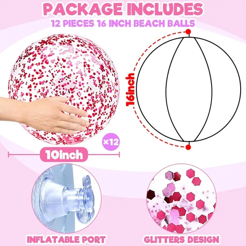 Miniatura 2 de Paquete de 12 pelotas inflables de playa de 16 pulgadas con purpurina rosa, juguetes para piscina, playa, fiesta de verano en la piscina - Juego