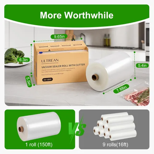 Miniatura 3 de Ultrean Rollo Guardador de Sellado al Vacío de 8" x 150' con Cortador, Bolsas Selladoras al Vacío de Grado Comercial para Food Saver, Sin BPA, Ideal