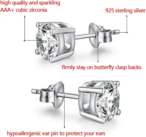 Miniatura 3 de TTVOVO Aretes de plata de ley 925 con circonita cúbica brillante de corte princesa, aretes de diamante de circonita cúbica para mujeres y hombres